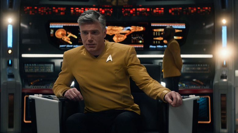 Pike from "Star Trek: Strange New Worlds" in his captain's chair.