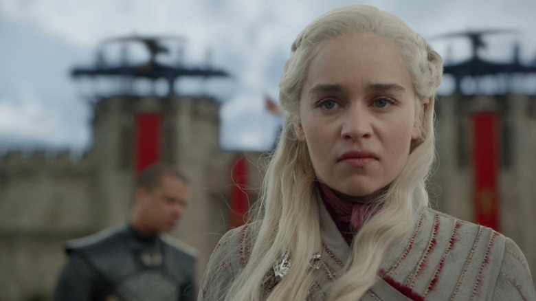 Emilia Clark as a very annoyed-looking Daenerys Targaryen on Game of Thrones
