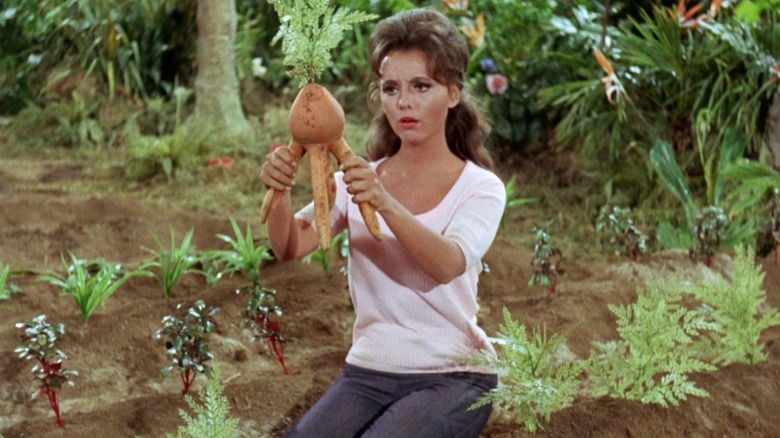 Mary Ann holding a mutated vegetable in a garden, a scene from Gilligan's Island.