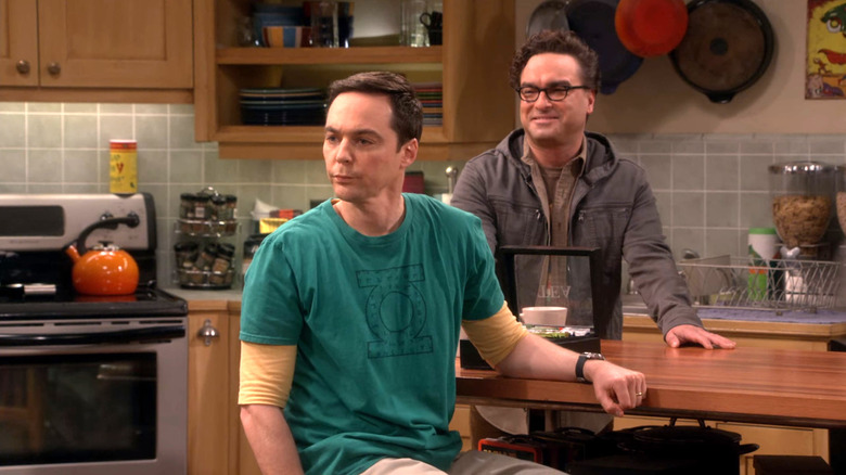 Sheldon looking confused and Leonard smirking in the kitchen on The Big Bang Theory