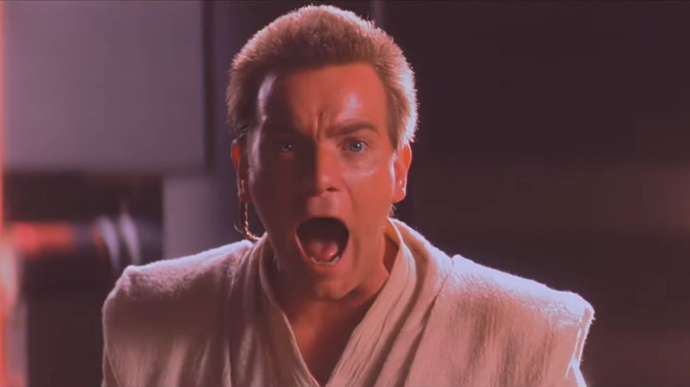 Guerra nas Estrelas: A ameaça fantasma, Obi-Wan gritando 'não!' Enquanto ele observava Qui-Gon morrer