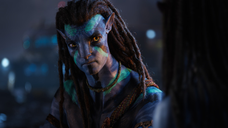 Jake Sully frowning sternly in Avatar: The Way of Water