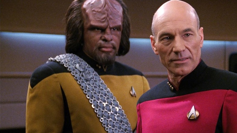 Michael Dorn as Worf and Patrick Stewart as Picard on the bridge of the Enterprise in Star Trek: The Next Generation