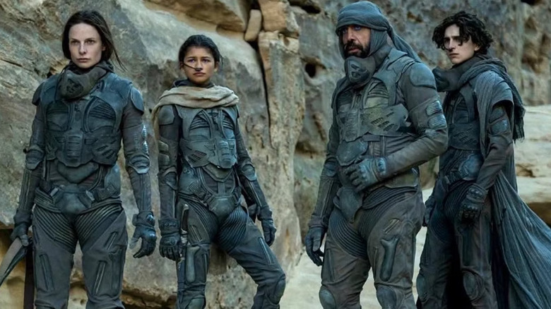 Rebecca Ferguson, Zendaya, Javier Bardem, and Timothy Chalomet in Dune: Part Two
