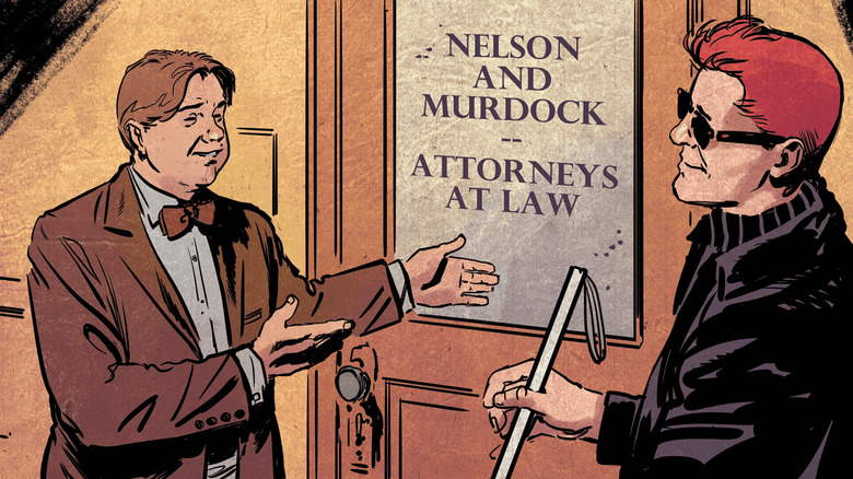 Foggy Nelson en Matt Murdock bij de deur van hun kantoor in Daredevil