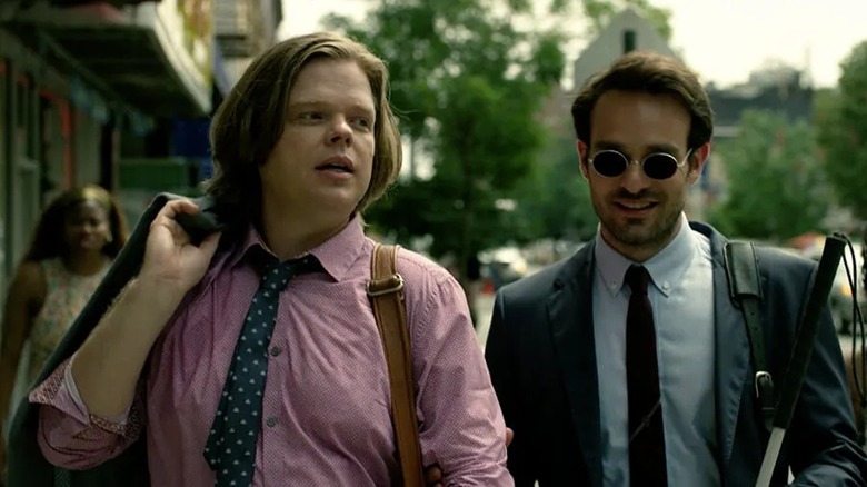 Elden Henson as Foggy Neslon walking with Charlie Cox as Matt Murdock in Daredevil