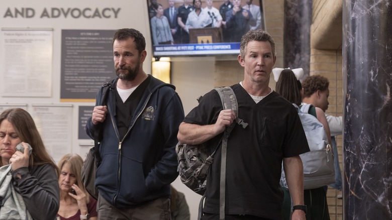 Robby and Abbot walking out of the ER on The Pitt