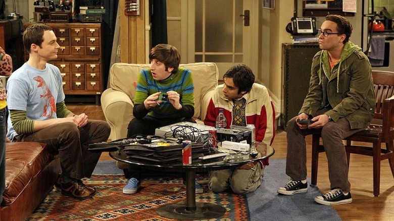 Jim Parsons as Sheldon, Simon Helberg as Howard, Kunal Nayyar as Raj, and Johnny Galecki as Leonard hang out in the apartment in The Big Bang Theory