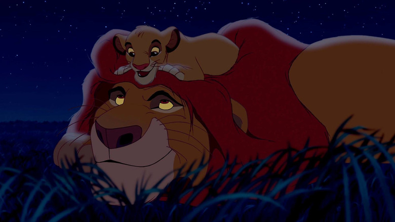 Simba sits on top of Mufasa's head in The Lion King