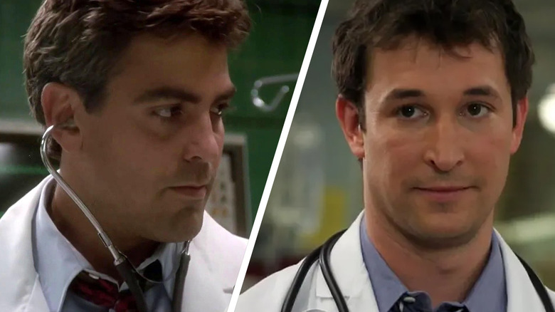 Dr. Doug Ross wearing a stethoscope and Dr. John Carter looking ahead on ER