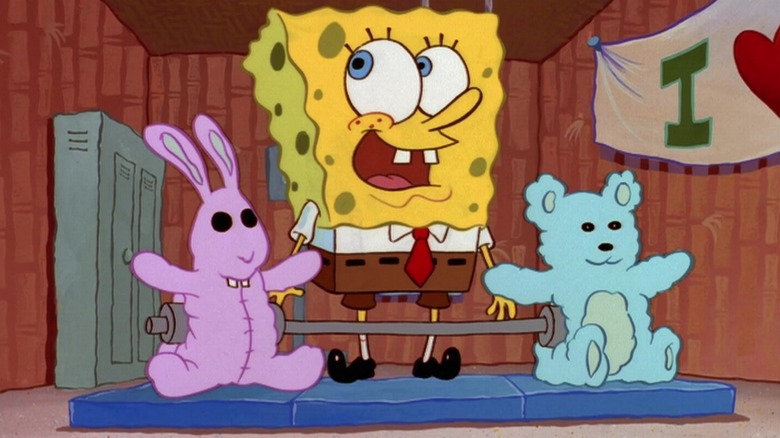 SpongeBob about to lift a barbell made of stuffies on SpongeBob SquarePants