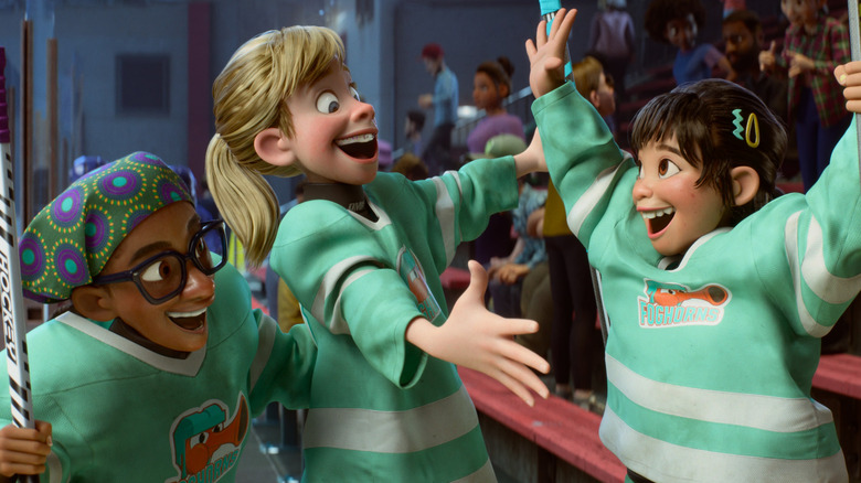 Riley and her friends after a hockey win in Inside Out 2