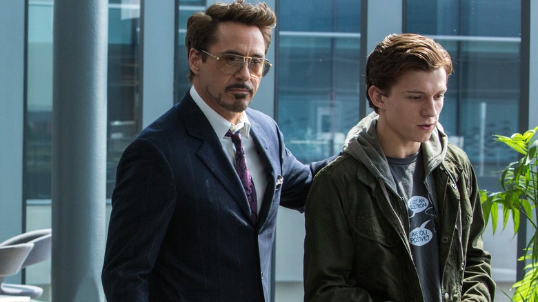 Robert Downey Jr. and Tom Holland in Spider-Man: Homecoming