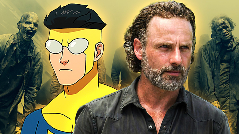 Mark Grayson from Invincible and Rick Grimes from The Walking Dead composite photo with zombies in the background