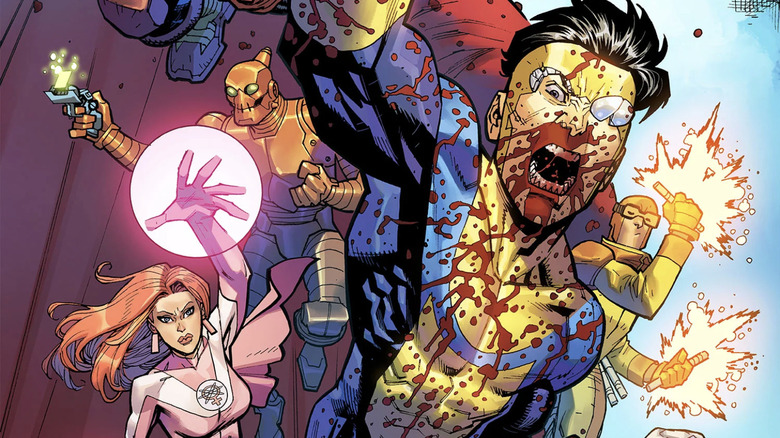 Invincible comic art -- Invincible flying with blood on his face and Atom Eve, Robot, and Rex Splode flying beside him