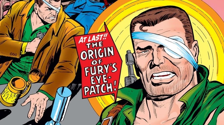 A section from the cover of Sgt. Fury #27, teasing the origin of Nick Fury's eyepatch.