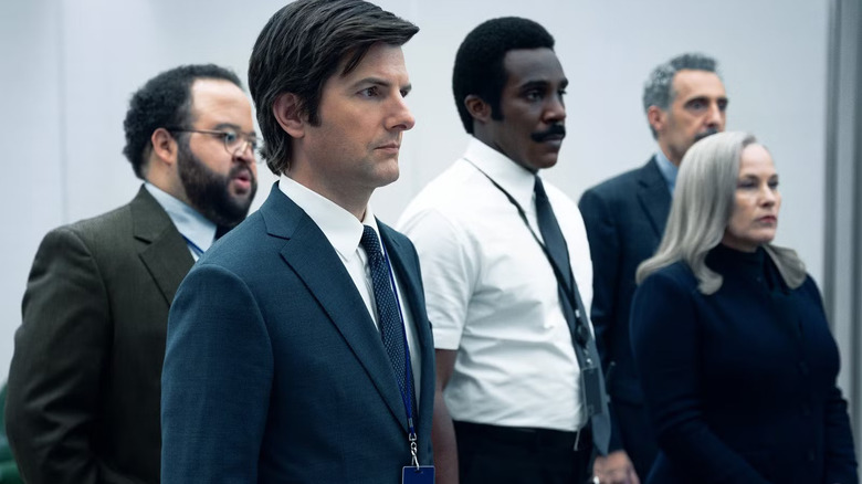 Dylan, Mark, Mr. Milchick, Irving, and Ms. Cobel from Severance.