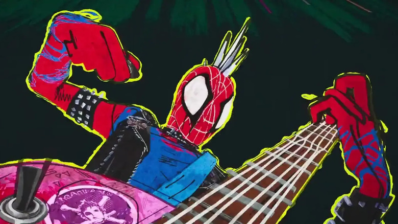 Spider-Punk playing a guitar in Spider-Man: Across the Spider-Verse