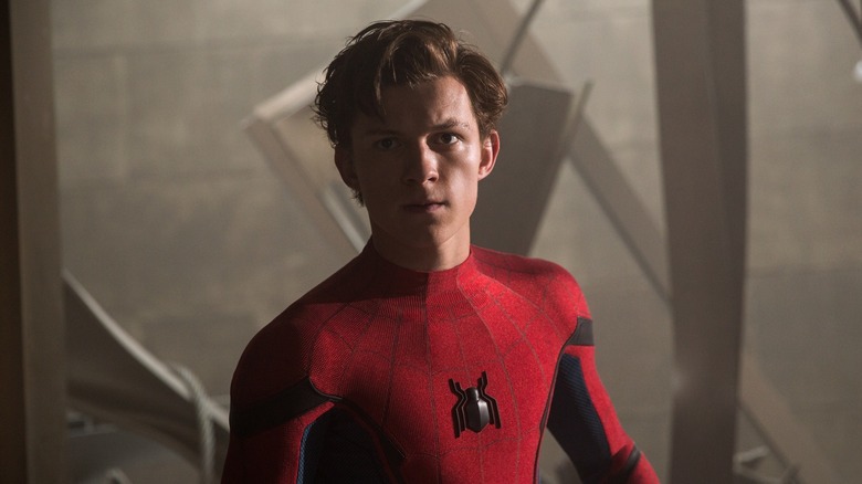 Tom Holland as Spider-Man in Vulture's warehouse in Spider-Man: Homecoming