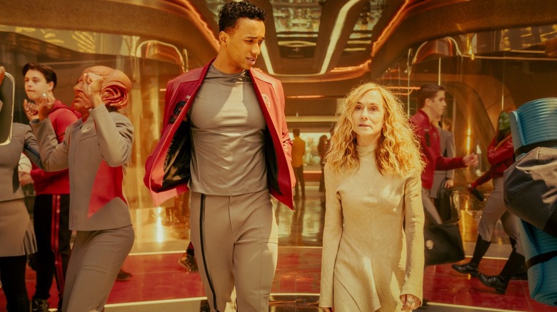 Caleb and Captain Ake strolling across campus on Star Trek: Starfleet Academy