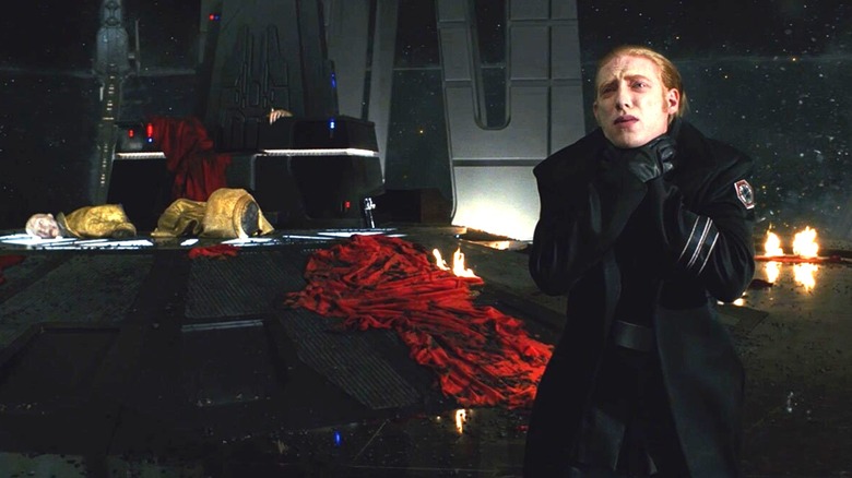 Domhnall Gleeson as Hux being Force choked in Snoke's throne room in Star Wars: The Last Jedi