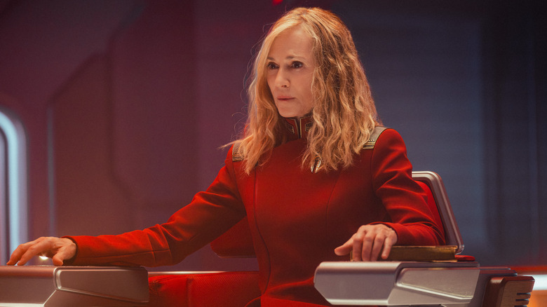 Holly Hunter as Nahla Ake sitting in her captain's chair on the bridge in Star Trek: Starfleet Academy