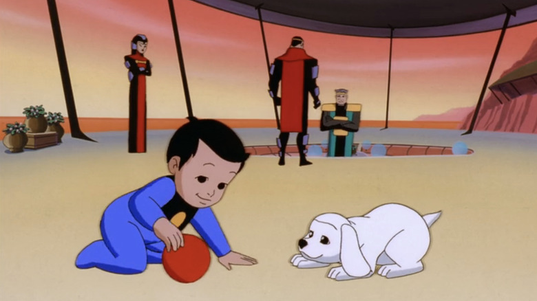 Baby Kal-El plays with a white puppy in Superman: The Animated Series