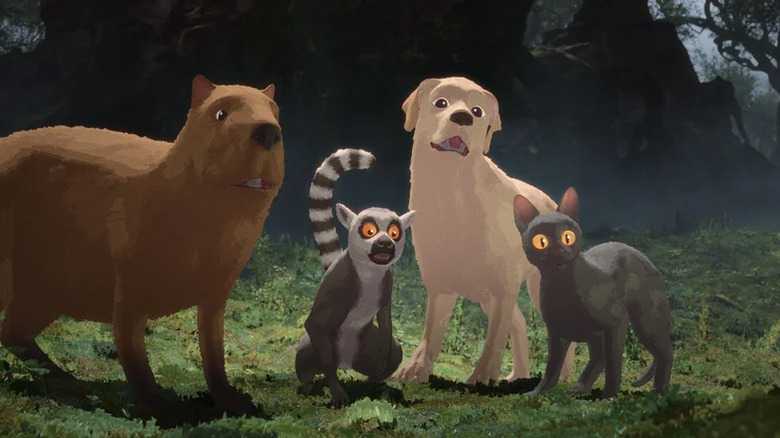 A capybara, a lemur, a dog and a cat all stare in surprise in Flow