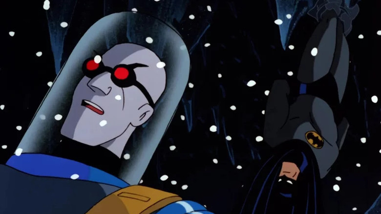 Batman hangs behind Mr. Freeze in Batman The Animated Series