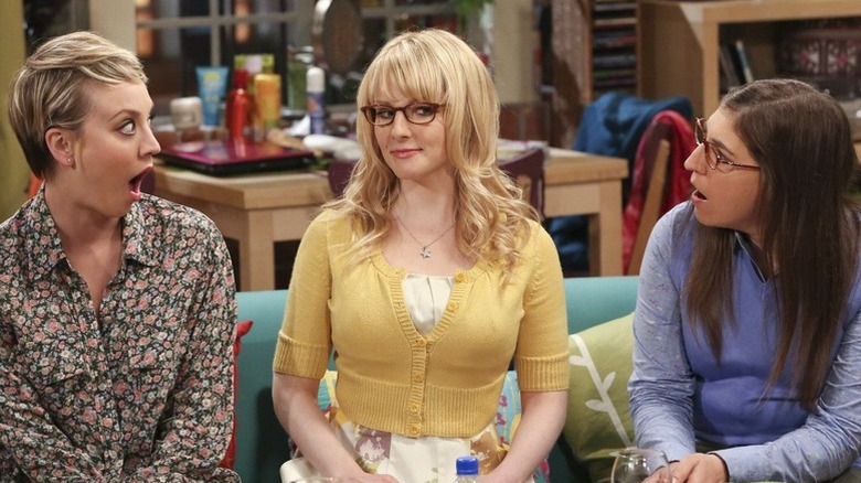 Penny shocked Bernadette smirking and Amy gasping on The Big Bang Theory