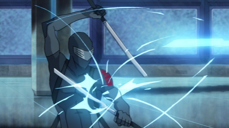 GI Joe Renegades Snake Eyes deflecting lasers with his swords