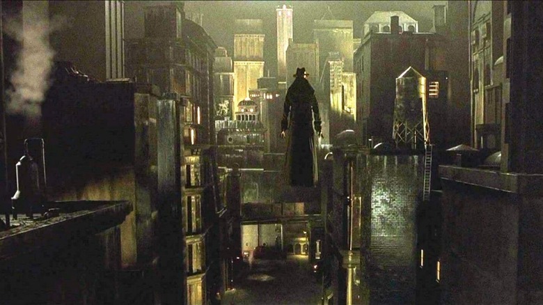 Floating man in city Dark City