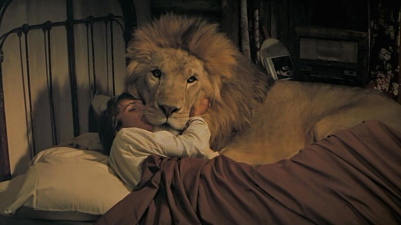 Jerry Marshall as Jerry resting with a lion in bed in Roar