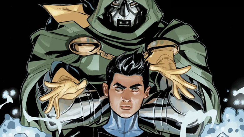 X-Men/Fantastic Four #4 cover -- Doctor Doom standing behind Frankling Richards as Kitty Pryde phases through Doom
