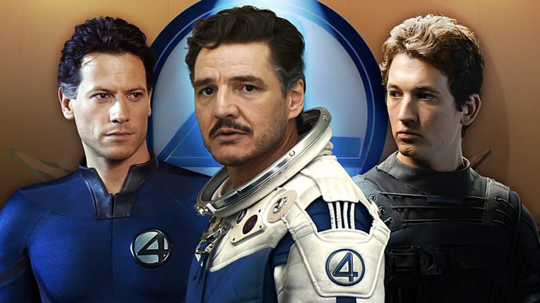 Composite image of Ioan Gruffudd as Reed Richards in Fantastic Four (2005), Pedro Pascal as Reed Richards in The Fantastic Four: First Steps, and Miles Teller as Reed Richards in Fantastic Four (2015)