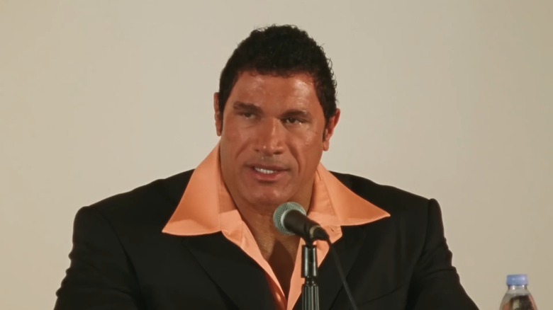 Mark Kerr speaks at a press conference in The Smashing Machine