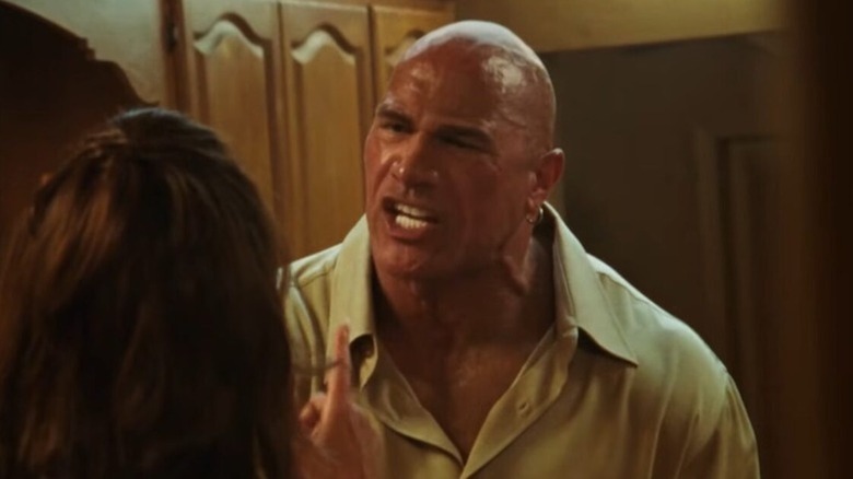 Dwayne Johnson as Mark Kerr explodes at Emily Blunt as Dawn Staples in The Smashing Machine