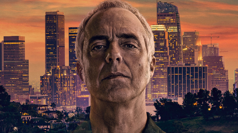 Titus Welliver as Harry Bosch in front of the skyline on the poster for Bosch