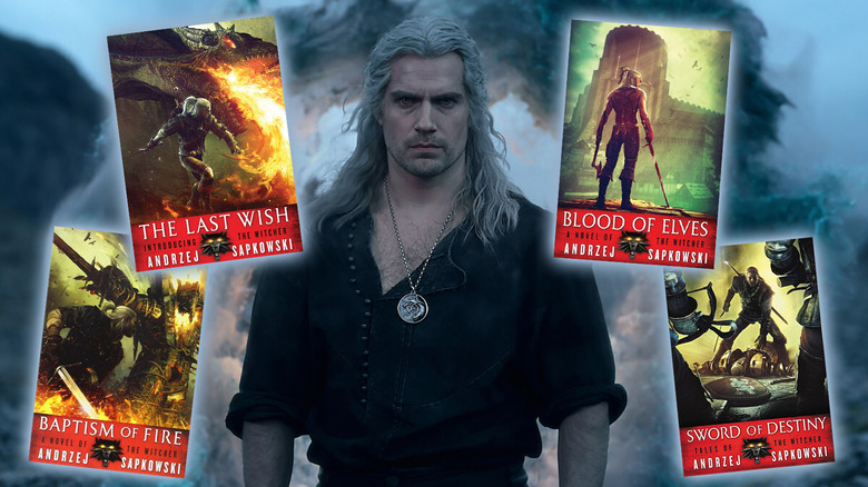 Geralt (Henry Cavill) surrounded by several of The Witcher books in a composite image