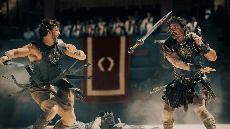 Paul Mezcal as Lucius and Pedro Pascal as General Acacius fight in Gladiator II.