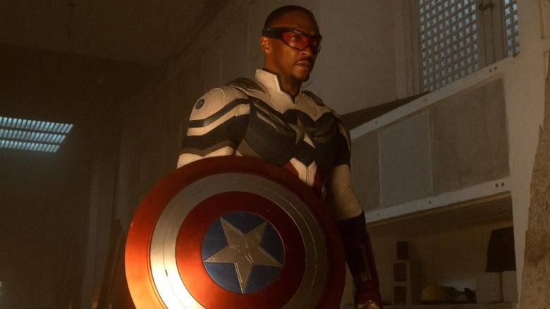 Anthony Mackie as Sam Wilson holding his shield in Captain America: Brave New World