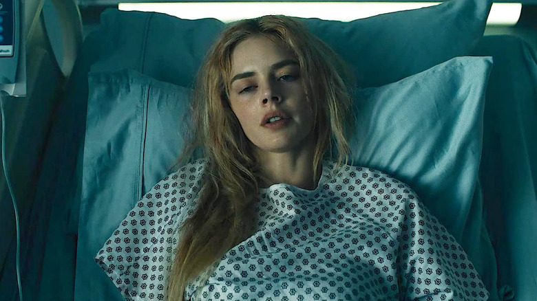Samara Weaving as Grace looking exhausted in a hospital bed in Ready or Not 2: Here I Come