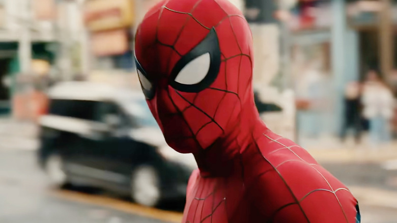 Tom Holland as Peter Parker wearing his Spider-Man costume in Spider-Man: Brand New Day