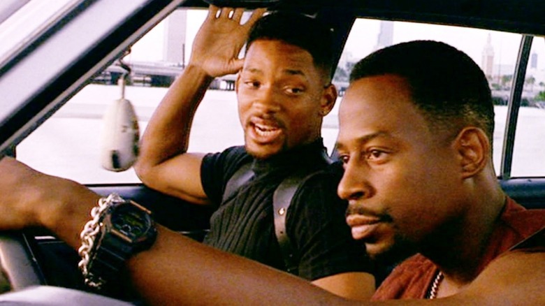 Sergeants Mike Lowrey and Marcus Bennett in a cop car in Bad Boys