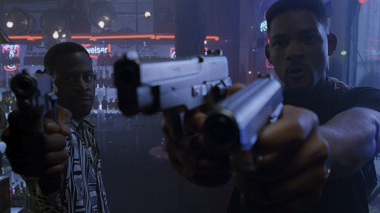 Sergeant Lowrey and Sergeant Burnett wielding guns at someone just off camera in Bad Boys