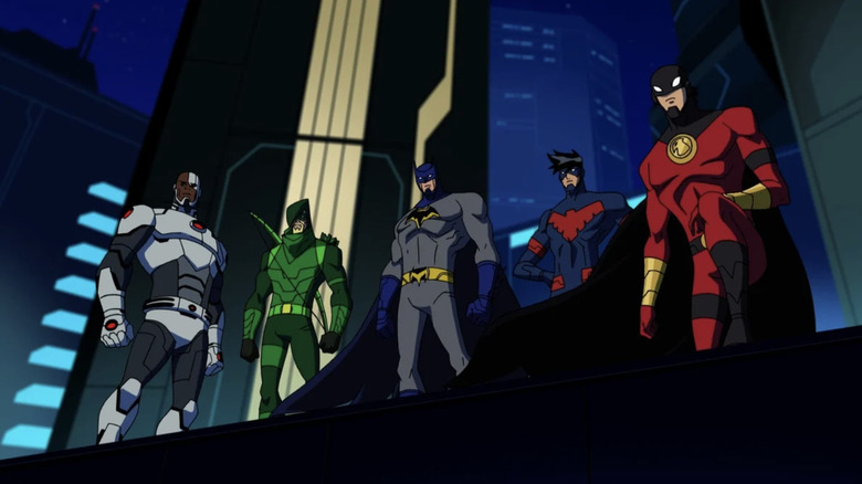 Batman Unlimited - Cyborg, Green Arrow, Batman, Nightwing, and Robin on rooftop