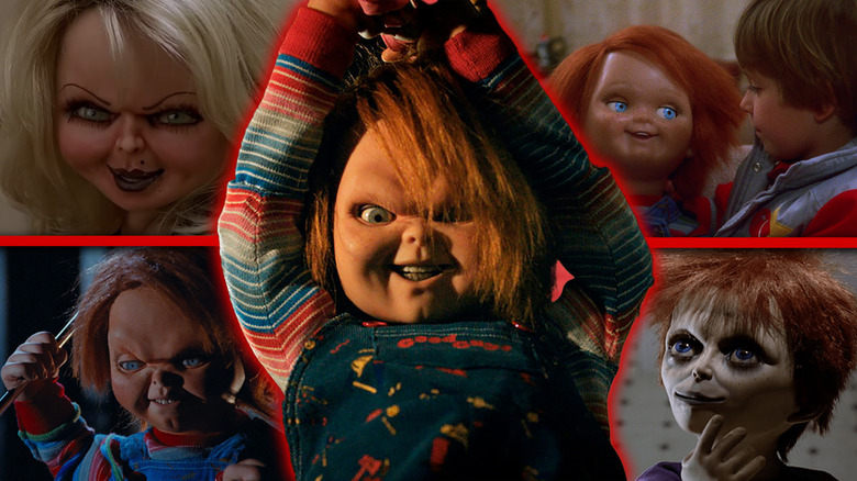 A composite image of shots from Child's Play, Child's Play 3, Bride of Chucky, and Seed of Chucky