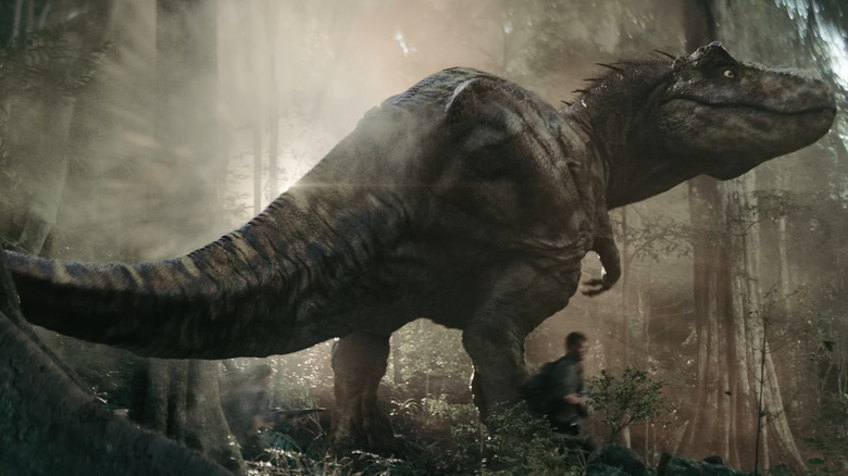 The T-rex rampaging through the forrest in Primitive War