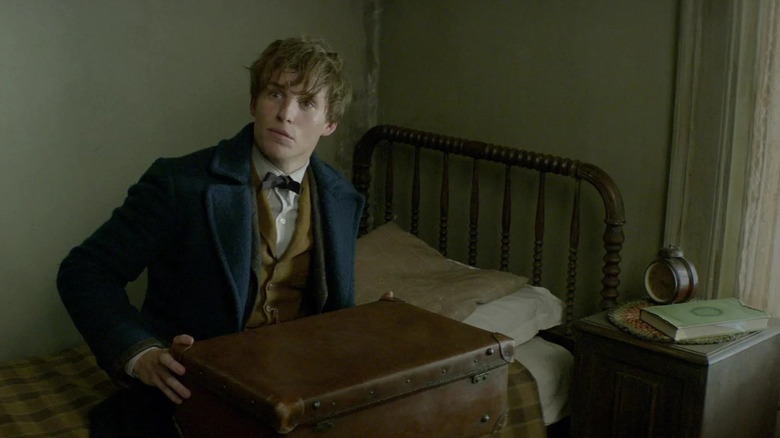 Newt Scamander, with a suitcase on his lap, sitting on a bed in Fantastic Beasts and Where to Find Them