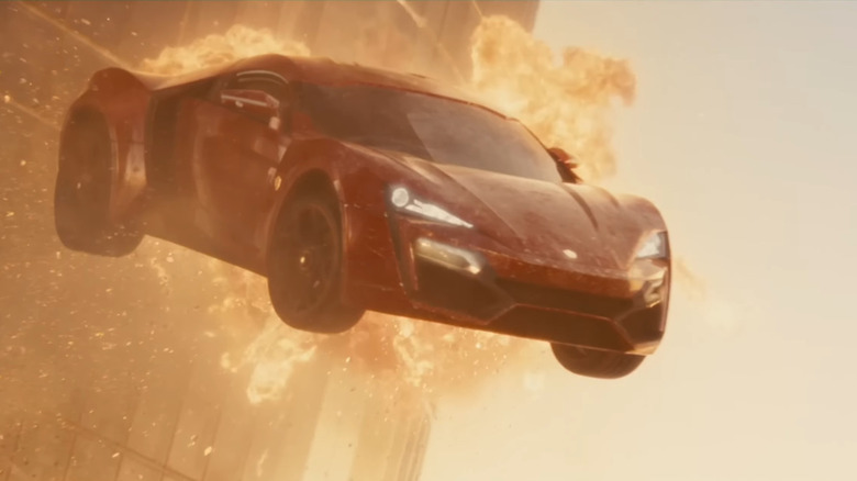 A car flies through the air in Furious 7